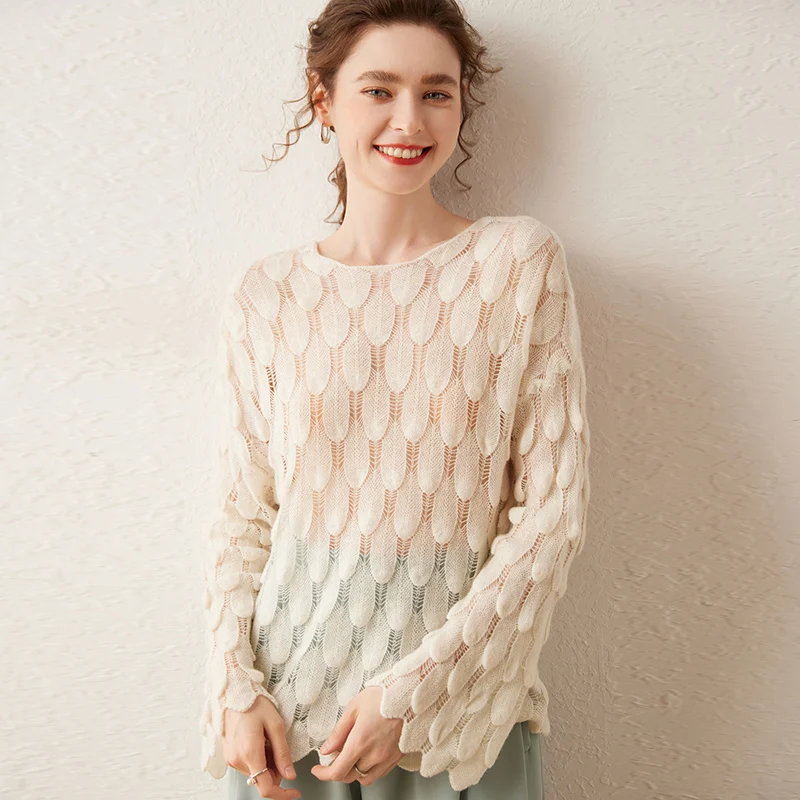 100% Cashmere Sweater Women's Round Necked Hollow Pullover Feather Three-dimensional Knitted Sweater Fashion Light Thin Top