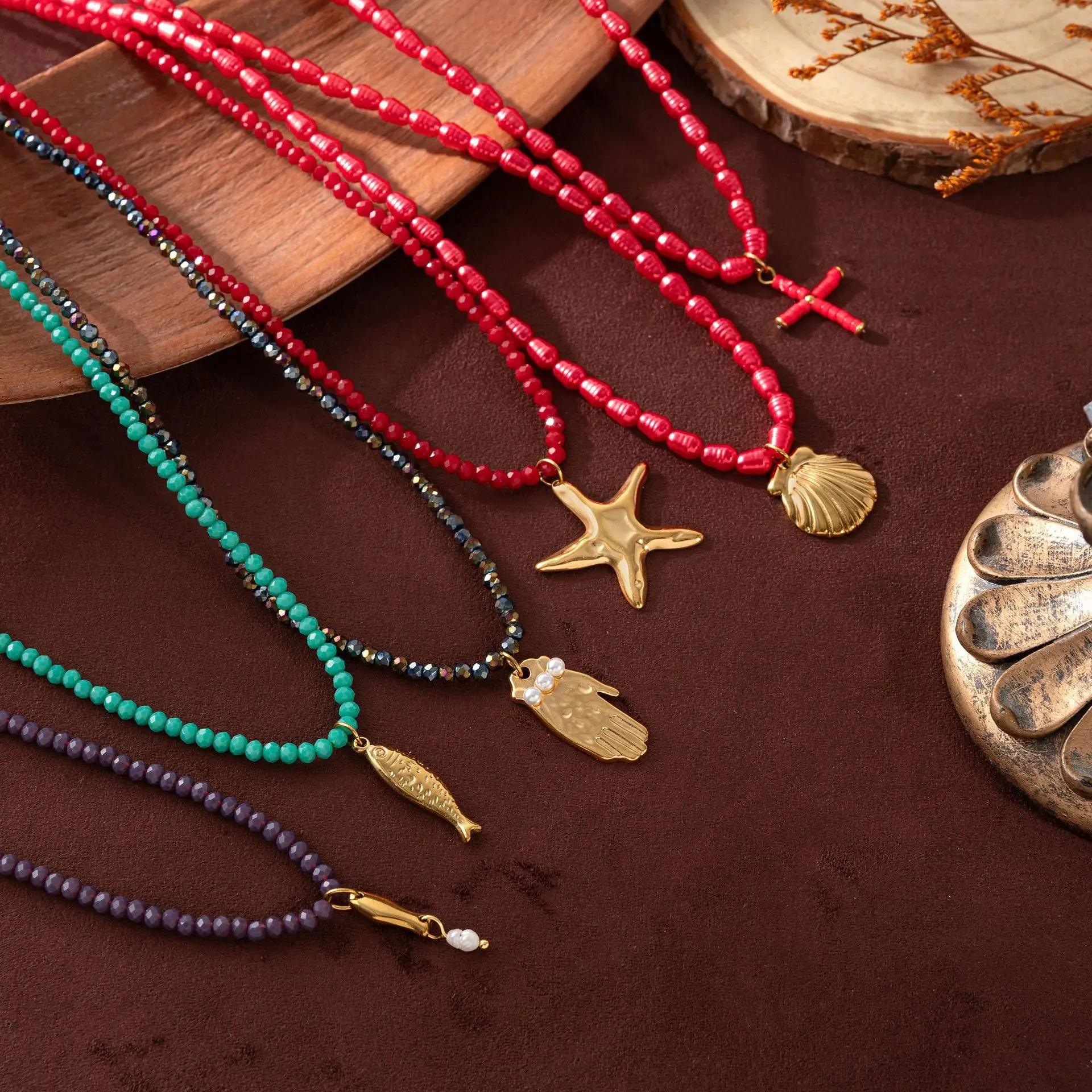 New Trendy Summer Stainless Steel Fashionable Ocean Fish Starfish Shell Beaded Necklace for Women Beach Sea Jewelry