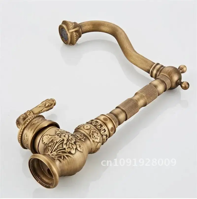 

Basin Faucet Antique Sink Faucet Carved Bathroom Rotate Hot & FWater Mixer Crane Faucet Kitchen Brass Tap Cold