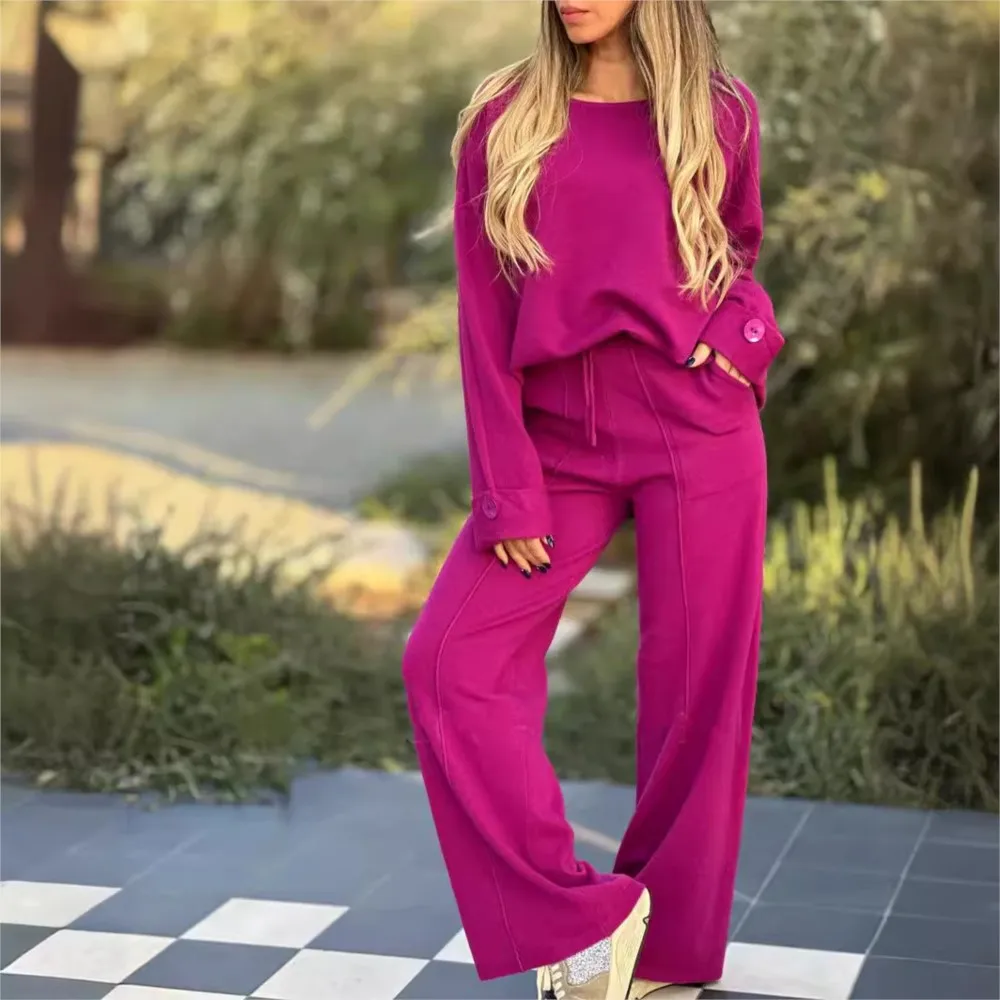 Women\'s Suit 2024 New Fashion Casual Solid Color Long Sleeve Tops Wide Leg Pants Long Pants Two Piece Set Woman Rompers Conjunto