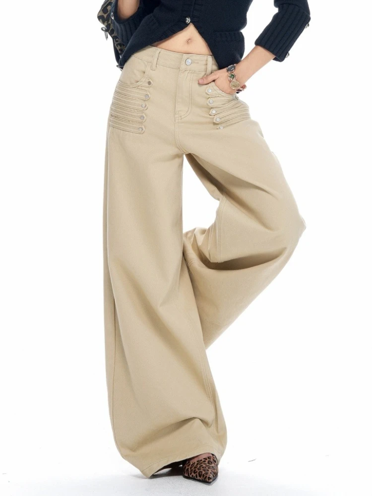 Women 2026 Autumn New Khaki American Style High Waist Multi Pockets Loose Jeans Casual Versatile Denim Long Trousers Streetwear