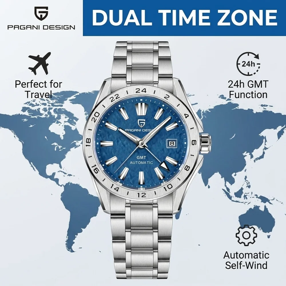 PAGANI DESIGN Luxury Men's Sports GMT Watch with Sapphire Glass AR Coating Automatic Mechanical Waterproof 100m