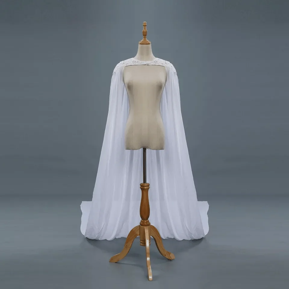 

Bride's Long Lace Wedding Dress Backless Shawl round Neck Buttoned Cape French Style Sleeveless Polyester Fibre Pure Color