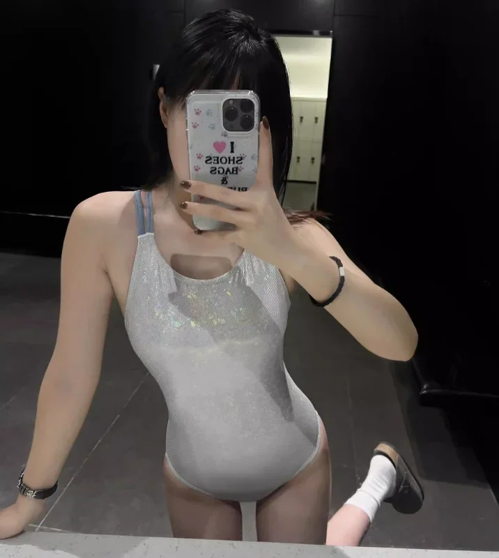 Women's One-Piece Sparkling Racing Swimsuit - Moonlight White, Belly-Covering, Slim-Fit with Premium Feel for ins & Professional