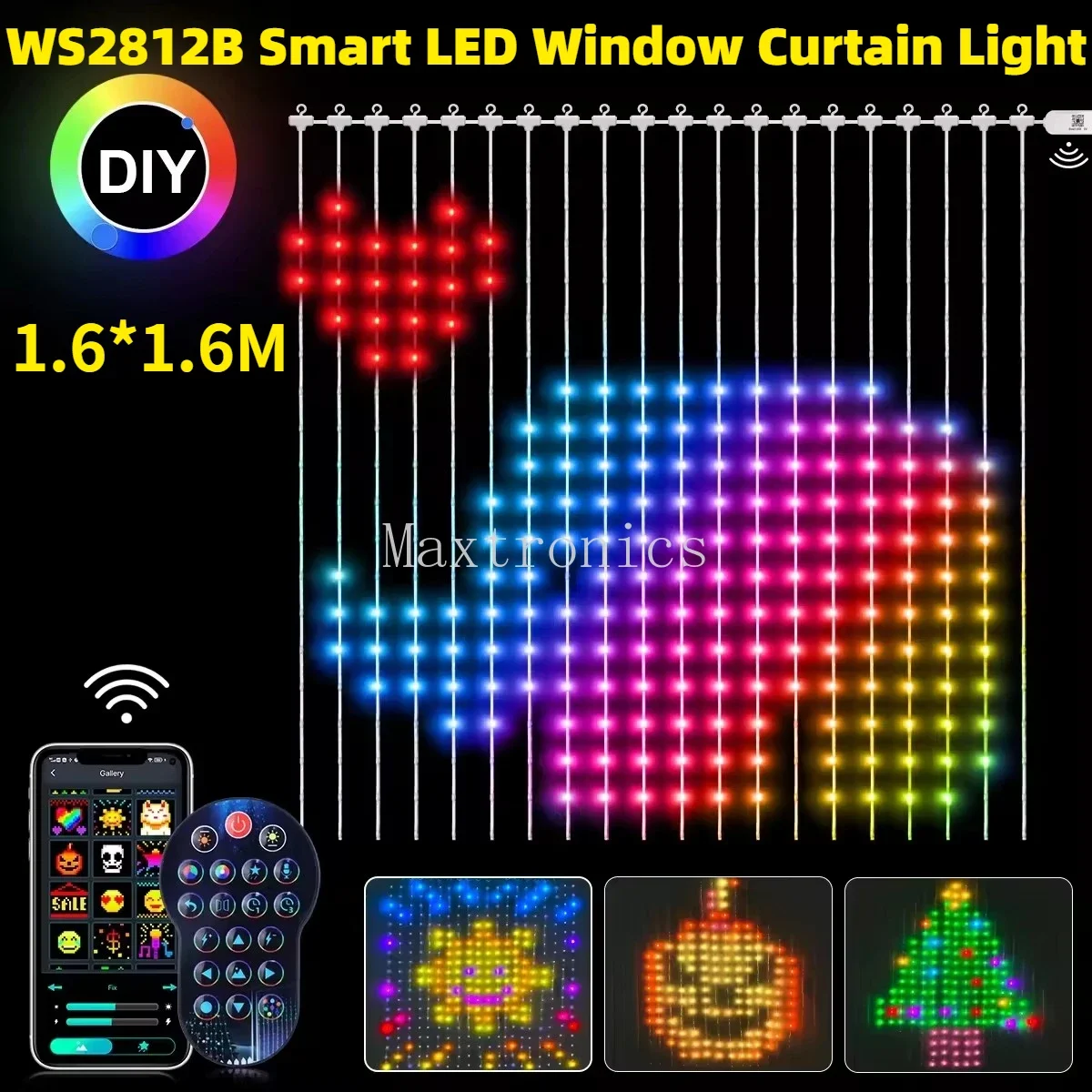 5V 1.6*1.6M Smart WS2812B LED Window Curtain Light RGBIC APP Control USB for Holiday Bedroom Party Decor Dream Color Fairy Light