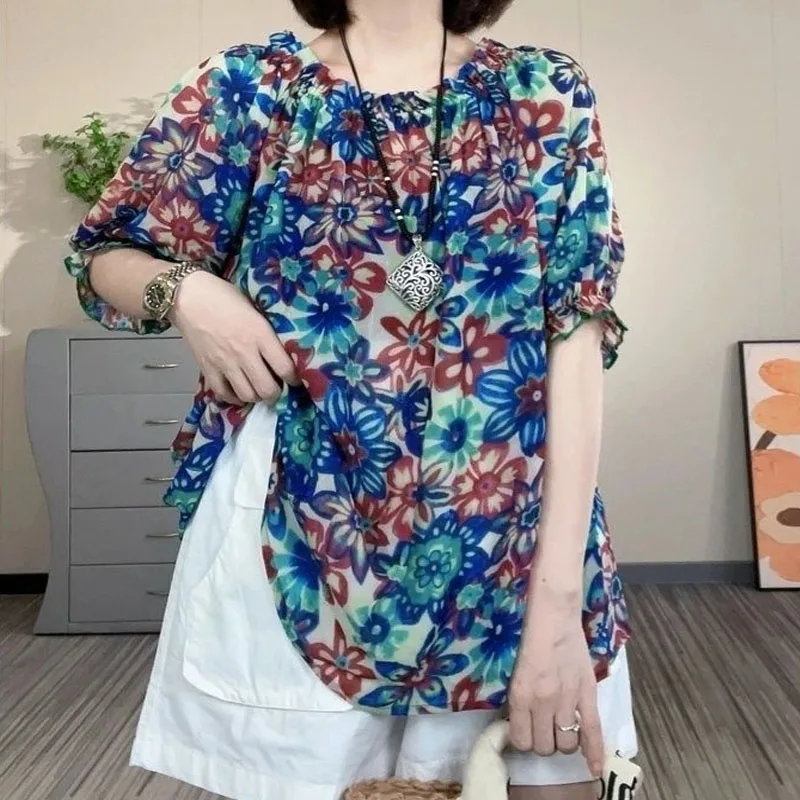 Fashion Casual Vintage Printed Loose Trend Korean Version Tops Lantern Sleeve Round Neck Summer New All-match Sunscreen Blouse