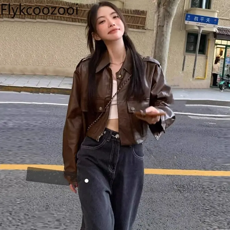 Brown Pu Leather Coat Female Spring and Autumn Short Hong Kong Style Jacket Network Red Motorcycle Clothing Chaqueta Mujer