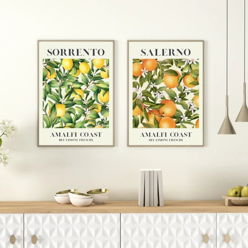 الإيطالية سانتوريني الفاكهة الرسم على لوحات القماش الجدارية البرتقال سورينتو الليمون الشمال المشارك طباعة المطبخ غرفة الطعام ديكور المنزل