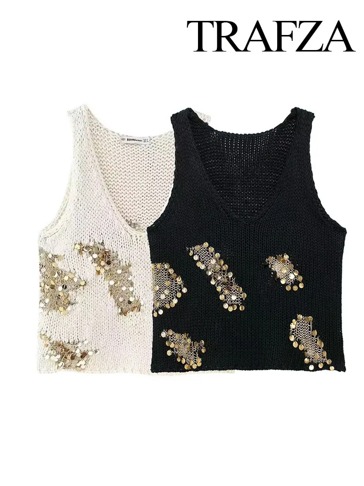 TRAFZA 2024 Spring Fashion Knitted Vest For Women Sleeveless Sequined Patchwork Female V-neck TRAF Versatile Sweaters Tank Tops