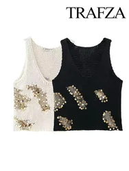 TRAFZA Women's Solid Color O-Neck Sleeveless Sequin Decorated Pullover Women's Summer Fashion Sweater Vest Casual Knitted Top