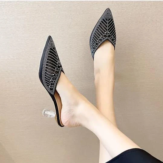 2023 Summer Elegant Women Fashion Slipper Pointed Toe Half Slippers Women's Stiletto Mid Heel Mesh Comfortable Sandals