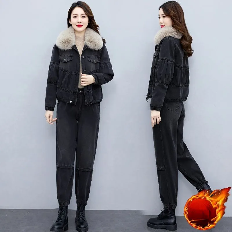 2023 Winter New Casual Loose Denim Suit Women Vintage Fleece Thick Corkage Pants Two-piece Jean Jacket with Fur Collar