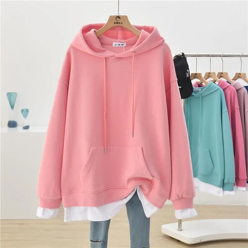 Spring Autumn New Loose All-match Fake Two Piece Hooded Long Sleeve Solid Plus Size Sweatshirts Fashion Casual Women Clothing