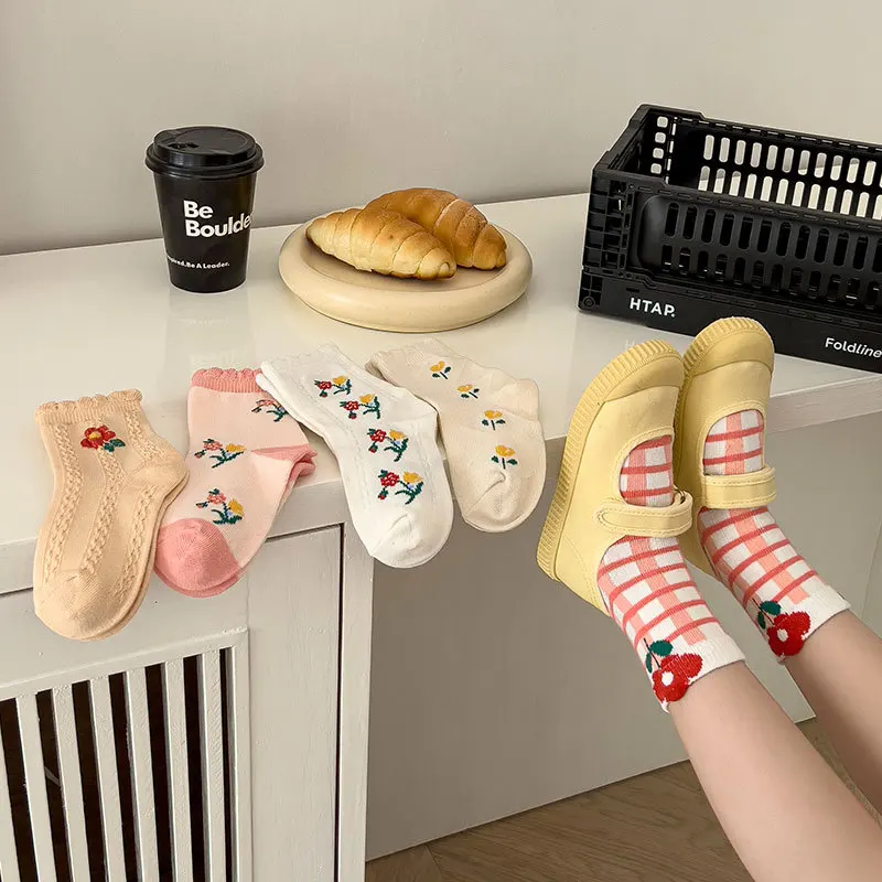 

New Children's Socks Autumn and Winter South Korea Lovely Flower Tube Children's Socks Chessboard Girls Cotton Socks Wholesale