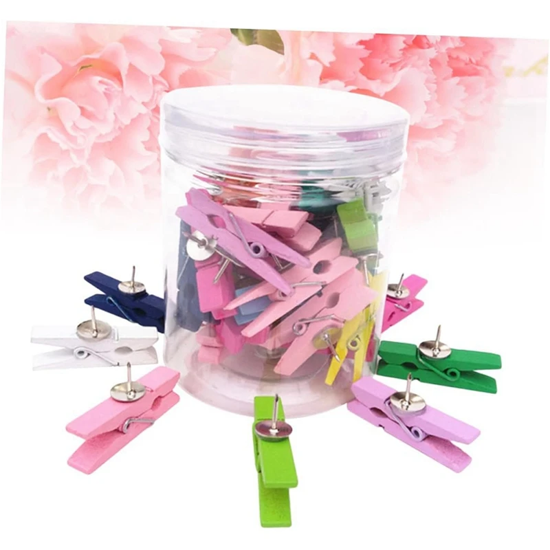 50 قطعة دبابيس الضغط الخشبية ومسامير الإبهام مشابك ورق الحرف الزخرفية للملاحظات والصور ولوحات الفلين ألوان عشوائية