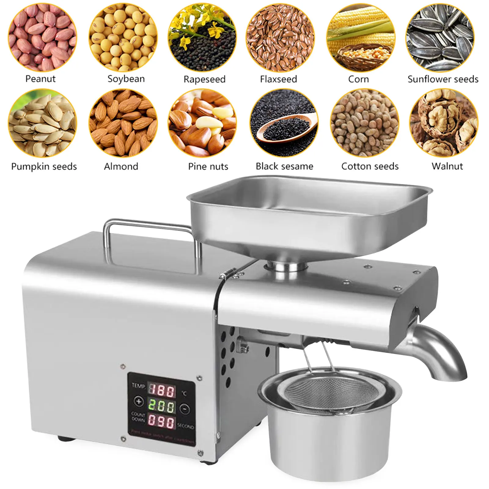 610W Automatic Oil Press Machine Stainless Steel Peanuts Power Oil Extractor Anti-rust Home Application