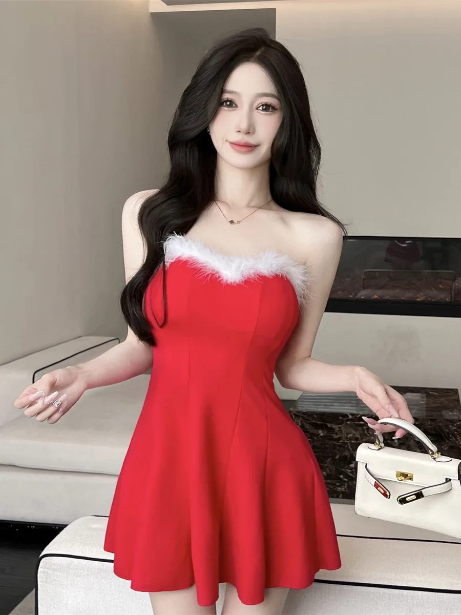 

Sexy Pure Desire Furry Patchwork Tube Dr Women's High Waist A-Line ort Skirt Ele Design Autumn Winter Svel One...