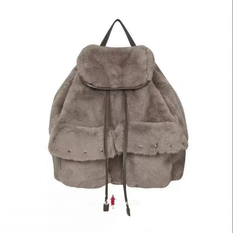 

2026 Autumn / Winter New Drawstring Style Casual Versatile Large Capacity Metal Rivet Decorative Plush Backpack For Women Trendy