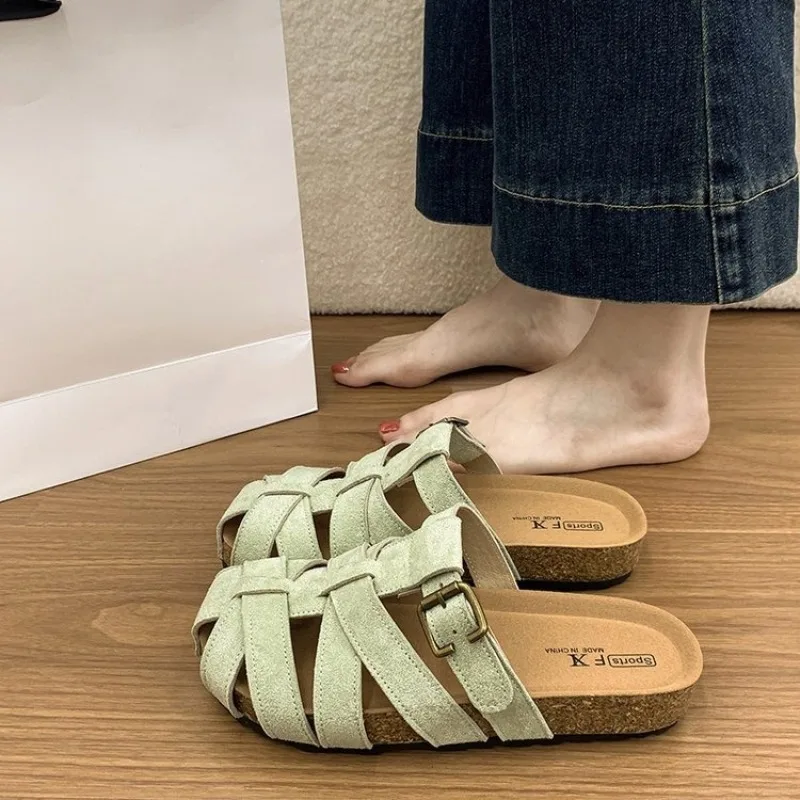 

Round Toe Retro Cutout Woven Roman Shoes Women's Low Heel Slip-on Baotou Slippers 2026 Summer New French Style