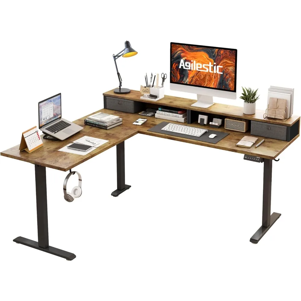 63 Inch Ergonomic Adjustable Height Desk,L Shaped Electric Standing Desk with 2 Drawers, Corner Desk Sit Stand Up Computer Table