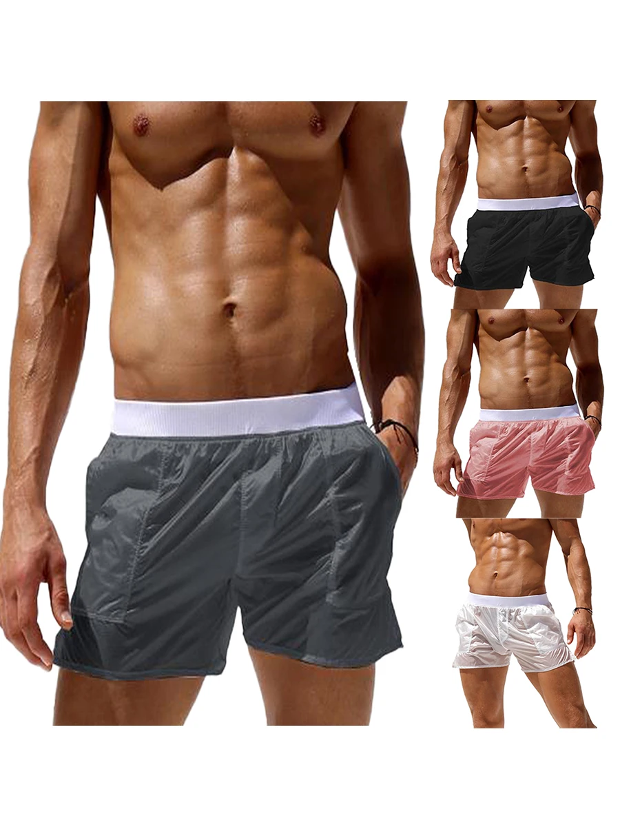 2025 pantalones cortos de moda para hombre, bañadores para hombre, cintura elástica, pantalones cortos transparentes para playa de verano, traje de baño con bolsillos