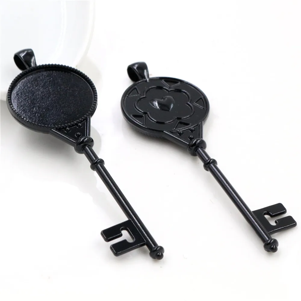 New Fashion 5pcs 25mm Inner Size Antique Silver Plated Bronze Black Heart Key Style Cabochon Base Setting Charms Pendant