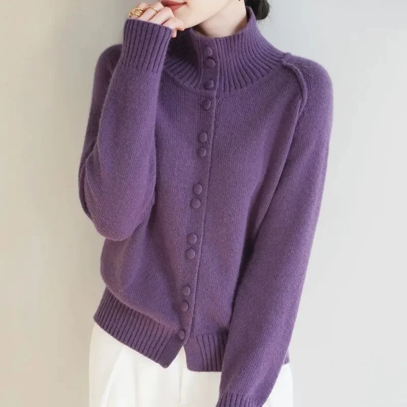 

Spring Autumn Ladies Fashion High Collar Knitted 2025 Advanced Women Large Size 5XL Knitting Cardigan Female Solid Color Sweater