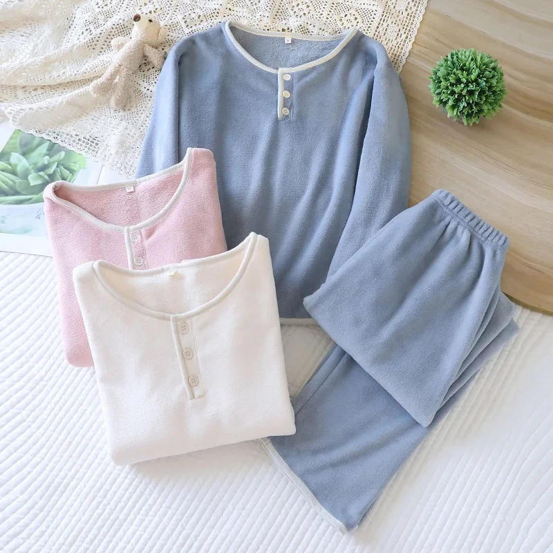 2026 New Autumn/Winter Women's Pajama Set 100% Flannel Round Neck Thickened Solid Color Home Clothes Long Sleeve Two Piece Set