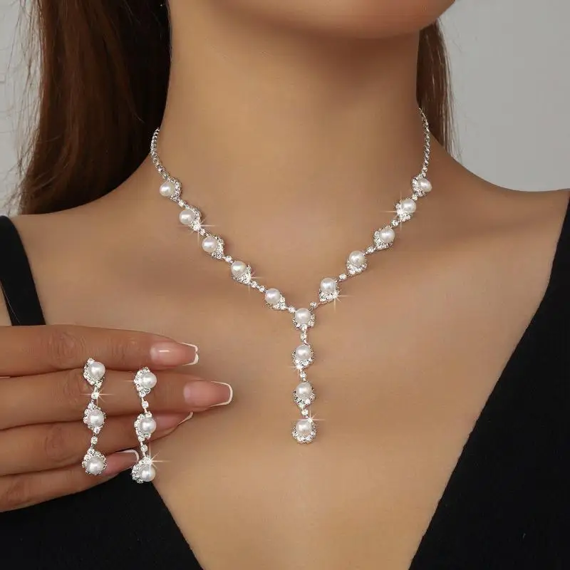 ●1Set Women Necklace Faux Pearls Rhinestone Embedded Wave Shape Choker Bridal Necklace Stud Earrings Kit Women Wedding Jewelry