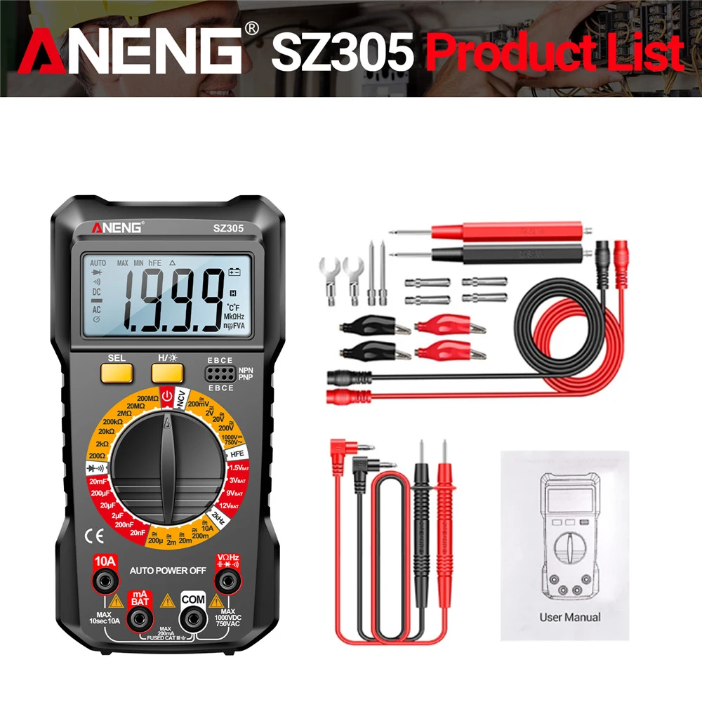 ANENG SZ305 Digitales Multimeter Professioneller AC/DC-Spannungs-, Strom- und Kapazitätsmesser HFE Trioden-NCV-Spannungsinduktions-Elektriker-Tester