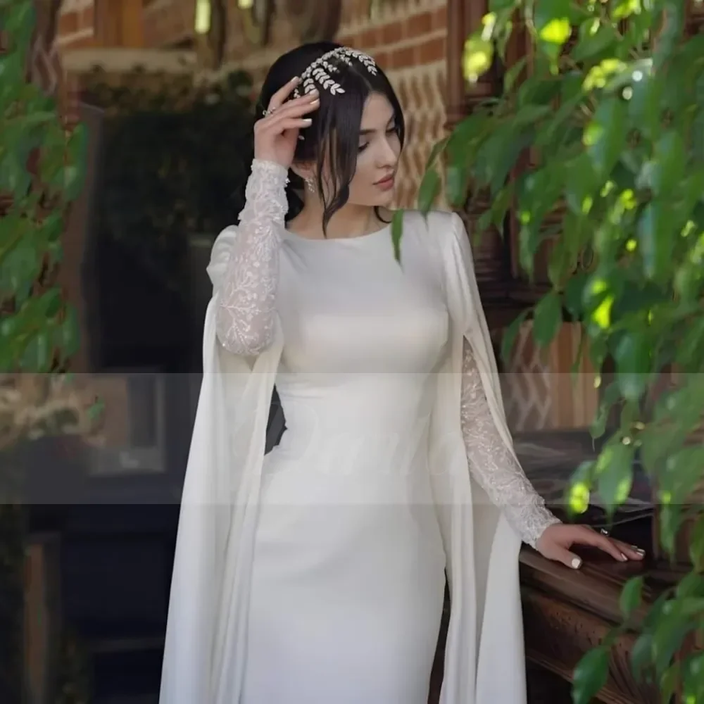 Vestidos de novia musulmanes de satén sencillos, elegante vestido de novia de sirena largo de manga larga con encaje y cuello redondo, personalizado, 2024