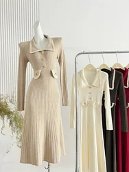 Women Elegant Knitted Dress Autumn Winter French A-line Slim Vintage Dresses Ladies Long Sleeve High Waist Long Robe Vestidos