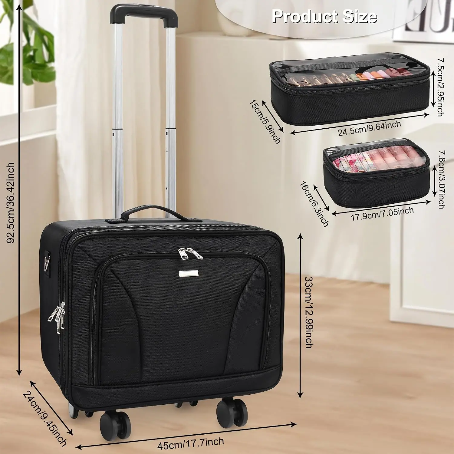 Extra Large Rolling Makeup Travel Train Case with 360° Spinner Wheels, 3 Layer with Insulation Compartment & 4 Clear Bags view 2