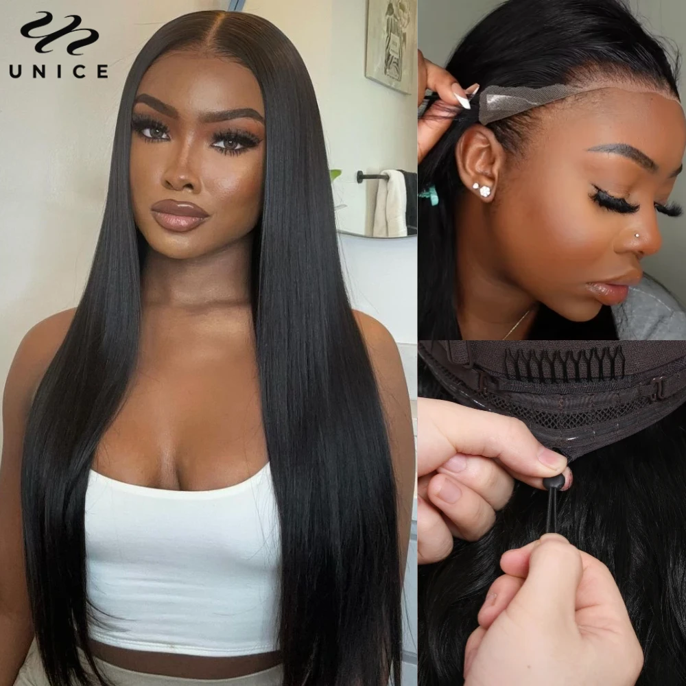 Unice Hair 13x4 Straight Human Hair Lace Frontal Wig With Drawstring Pre Plucked Pre Cut Pre Bleached Glueless Wigs 150% Density