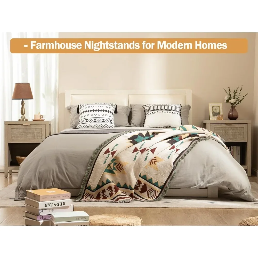 Rattan Night Stands,  with Drawer and Open Shelf for Bedroom