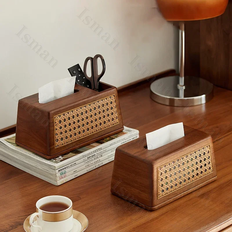 Vine Weaving  Tissue Box Cover High End Living Room Black Walnut Wood Tissue Box Holder Creative Home Decoration Tissue Boxes