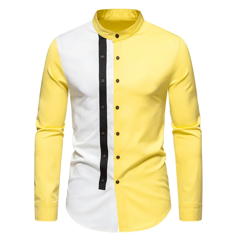 

White Yellow Colorblock Patchwork Stand Collar Henley Shirt Men 2023 Brand Long Sleeve Double Breasted Dress Shirts Men Camisas