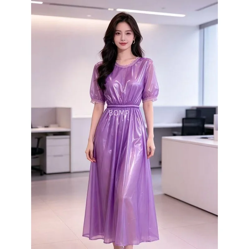 Women Transparent Beach Coverup Shirt Soft Cosplay Dress Ultra Smooth Silent Waterproof Round Neck Elastic Waist Sheer Long Suit