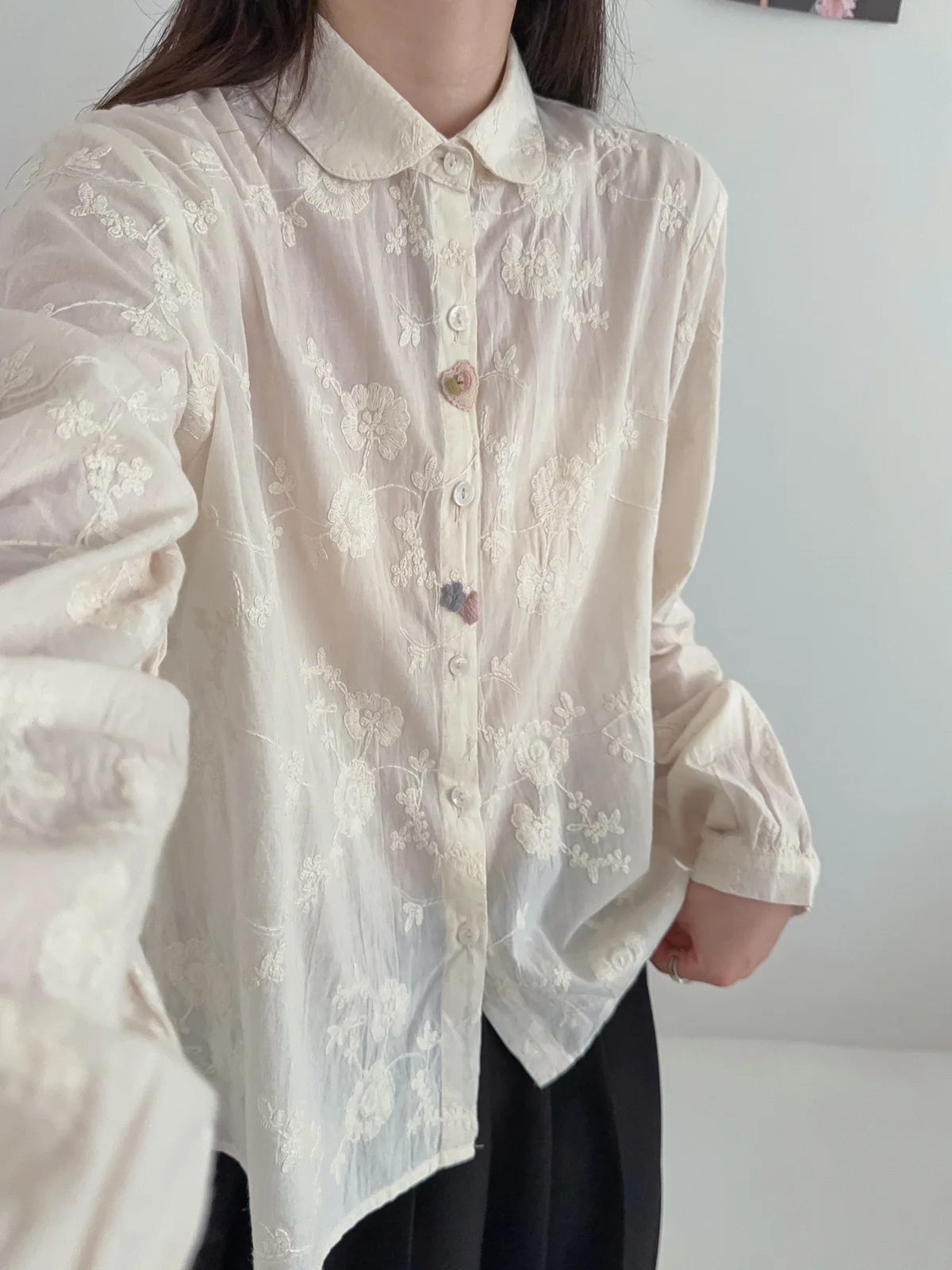 جديد 2025 الخريف قميص قطني بكم طويل ، المرأة بدوره إلى أسفل طوق التطريز ، موري فتاة الحلو البراري شيك بلوزة فضفاضة T5O455CC #3