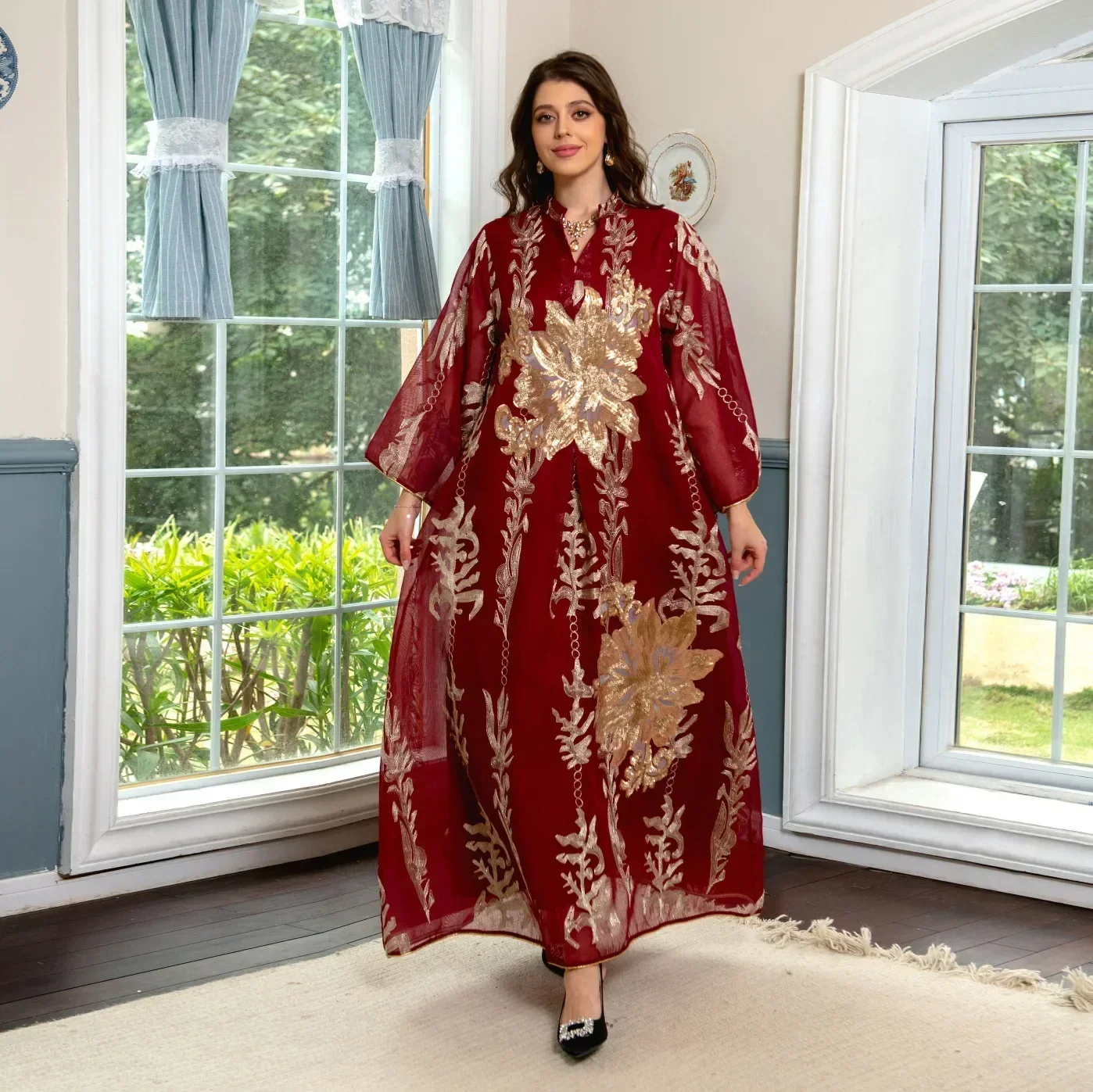

Muslim Women Long Sleeve Kaftan Arabic Sequins Embroidered Party Evening Long Abaya Muslim Fashion Dresses Abaya Dubai