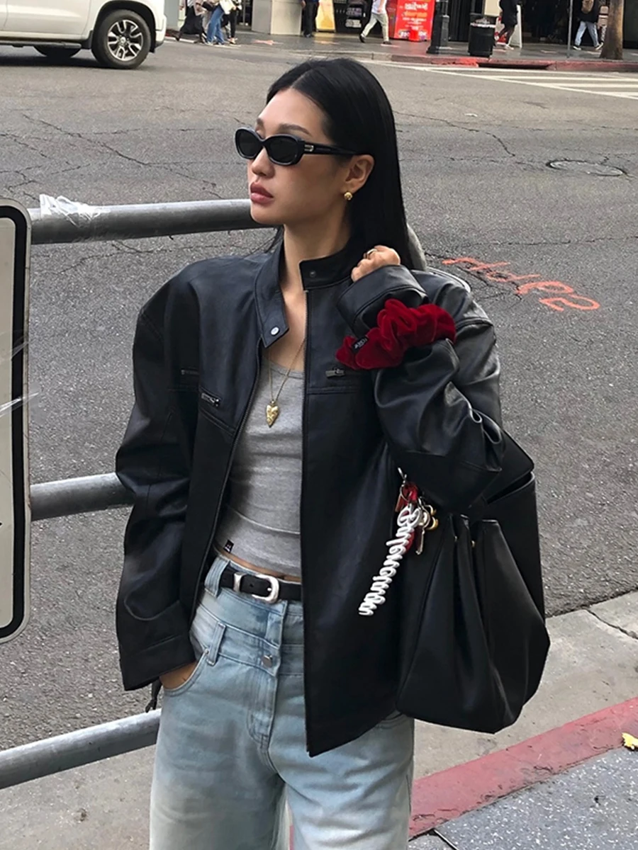 루즈핏 롱 슬리브 스탠드 칼라 가죽 재킷 여성 심플 디자인 동대문 신상 슬레 PU 가죽 코트 여성 아우터