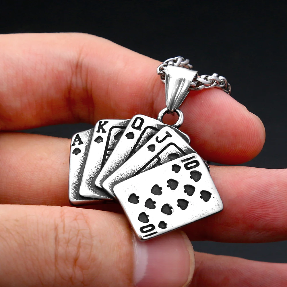 Vintage Royal Flush Spade Poker Card Necklace For Men Stainless Steel Playing Cards Pendant Punk Hip Hop Lucky Amulet Jewelry