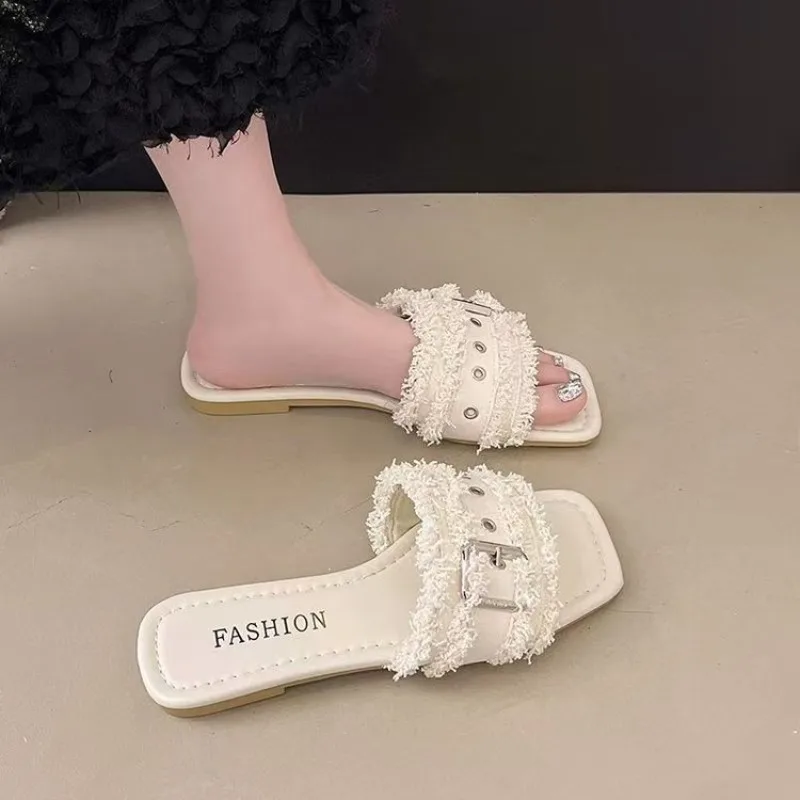 Women's Flat Sandals Square Toe Slip on Frayed Edge Buckle Grommet Detail Casual Summer Daily Footwear Ladies Slides Everyday