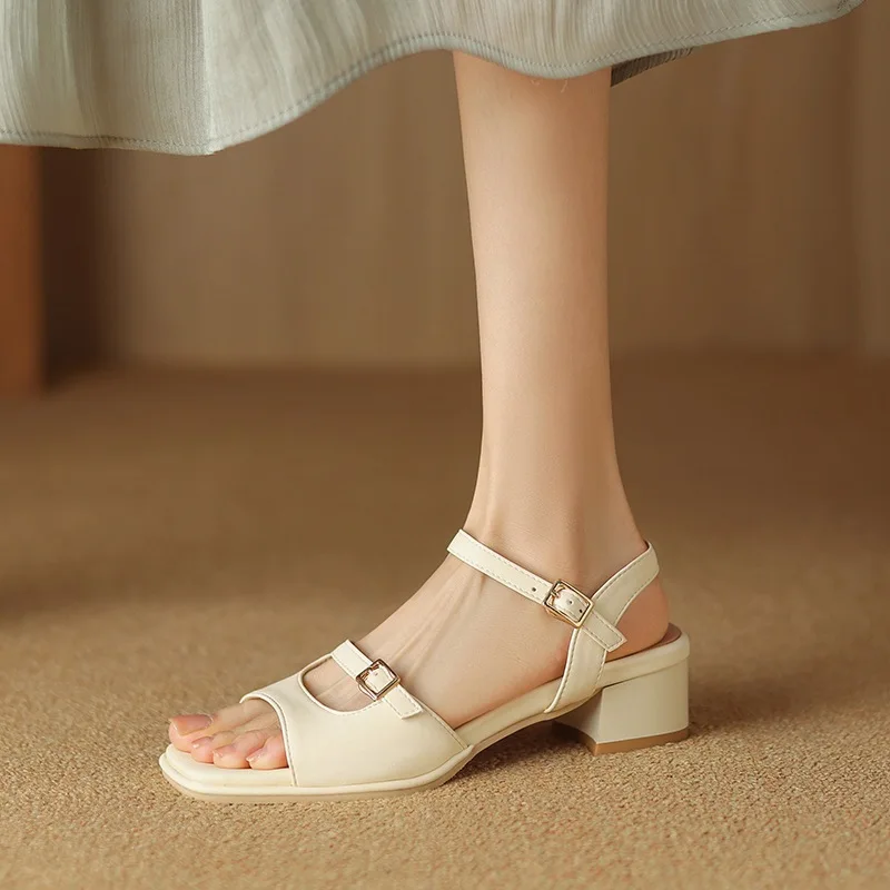 

Plus Size 31-43 2026 Women's Retro Block Heel Sandals Open Toe Cutout Strap White/Apricot Summer Daily Footwear