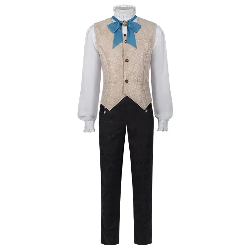 Man Medieval Edwardian Prince Waistcoat Shirt Pants Set Renaissance Jacket Victorian Cosplay Costume Frock Coat With Blue Tie