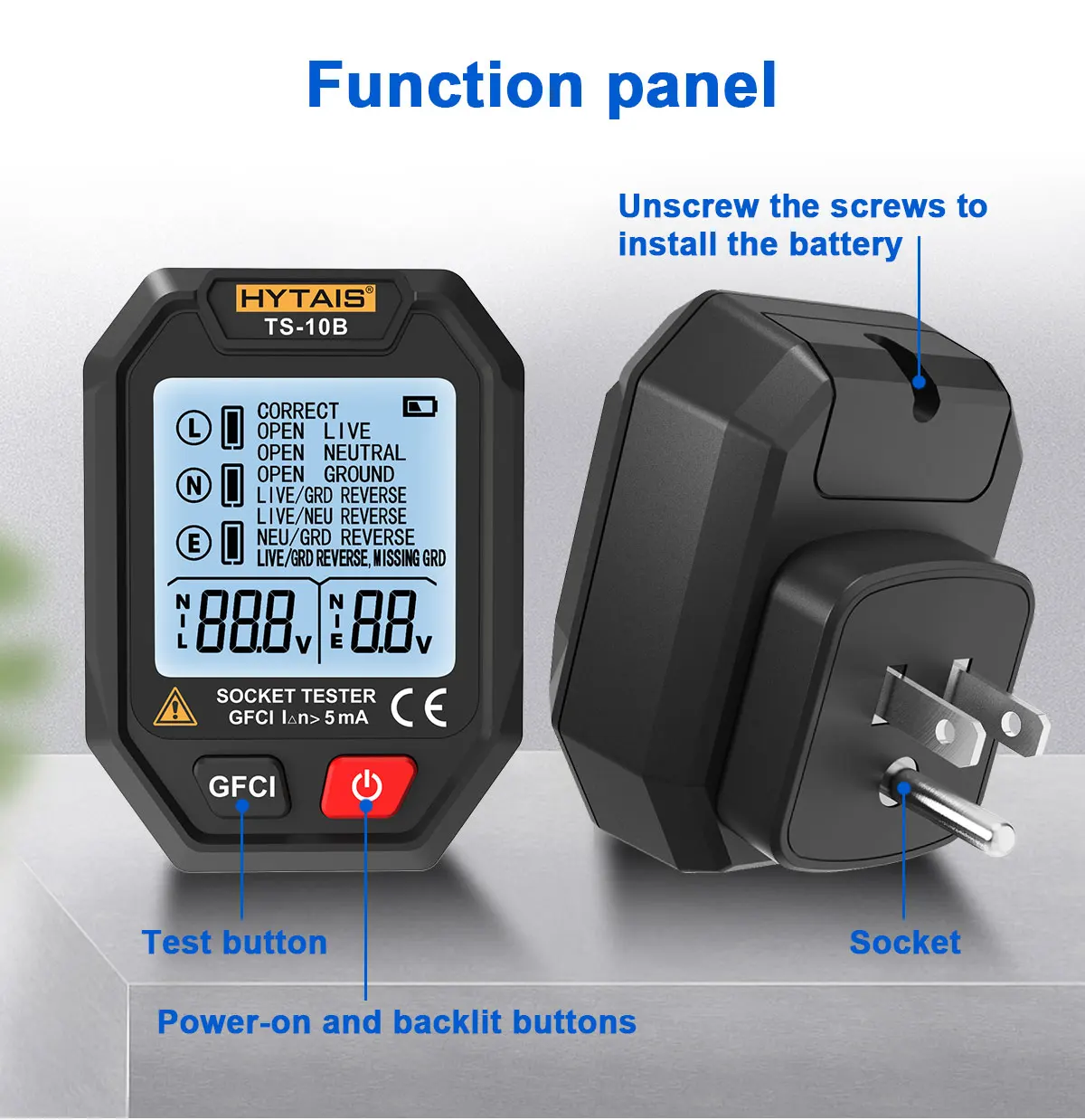 HYTAIS Digitaler Steckdosentester, Batterieleistung, intelligenter Detektor, große Hintergrundbeleuchtung, EU, US, UK, Stecker, Boden, Live, Nullleitung, Polarität, Phasenprüfung – Detail 4