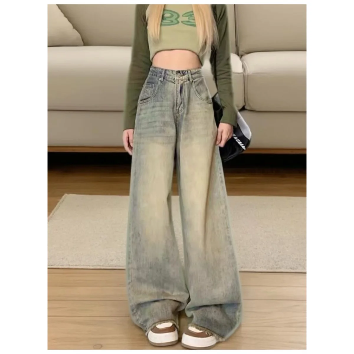 

American Retro Nostalgic High-Waisted Women's Jeans Y2K Street Style Denim Trouser Hot Girl Loose Casual Pants Nostalgic Blue