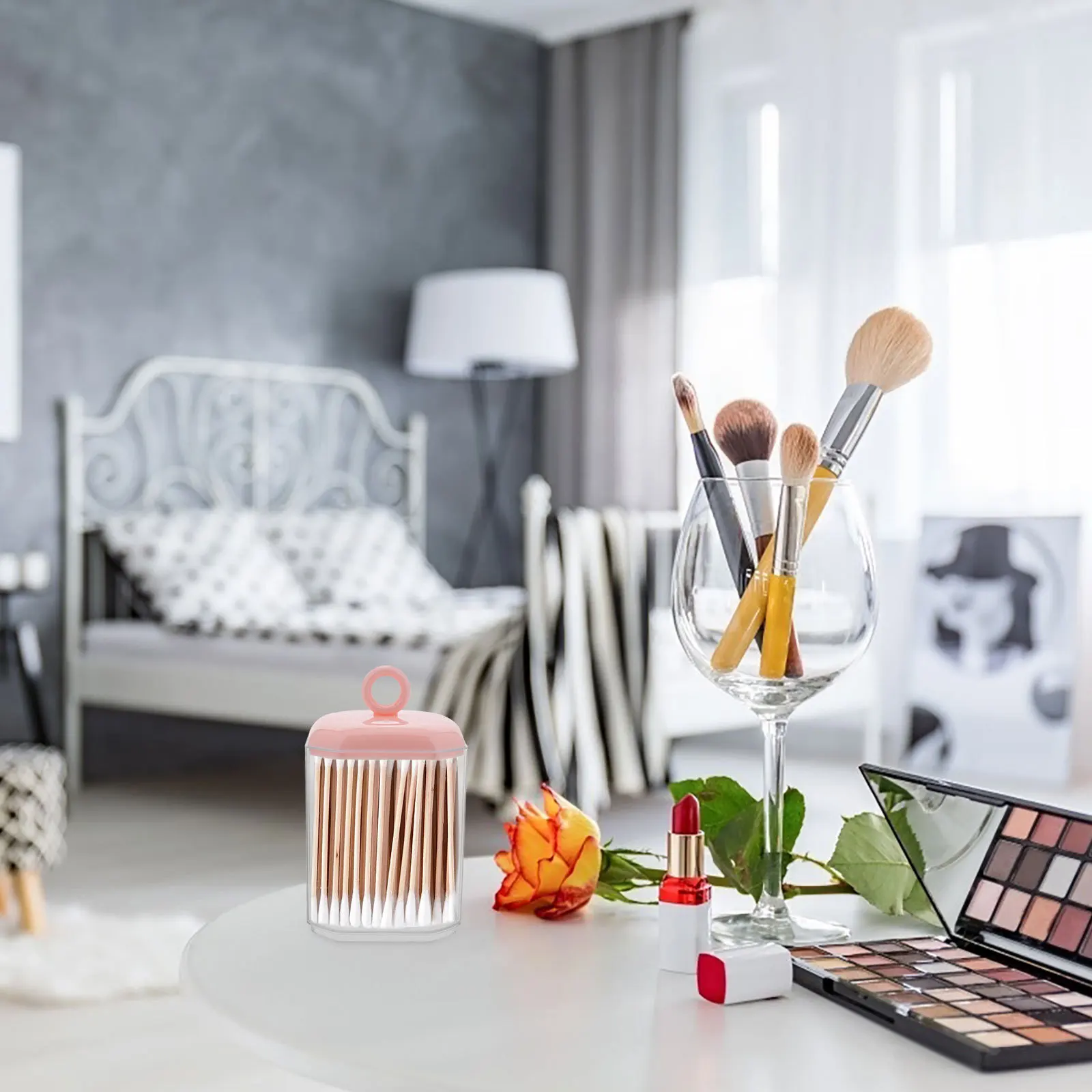 

Desktop Cotton Bud Storage Box Lidded Makeup Holder Bathroom Organizer Cotton Pad Toothpick Floss Container Clear Case Home