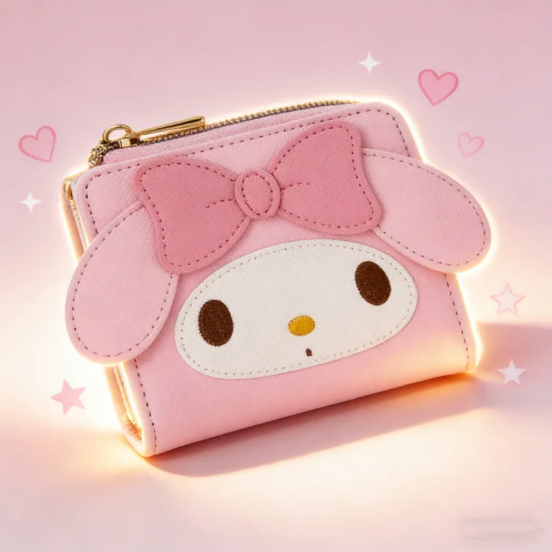 Cartera de cuero PU para mujer, linda cartera plegable para tarjetas, Hello Kitty, Pocketbook, My Melody, Cinnamon Pringle, Kuromi