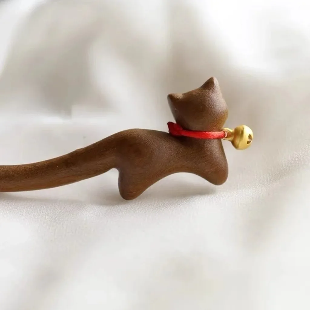 Tinkling Cat Cute Hairpin Antique Sandalwood Hairpin Bell Cat Lucky Simple Retro Hair Original Personality